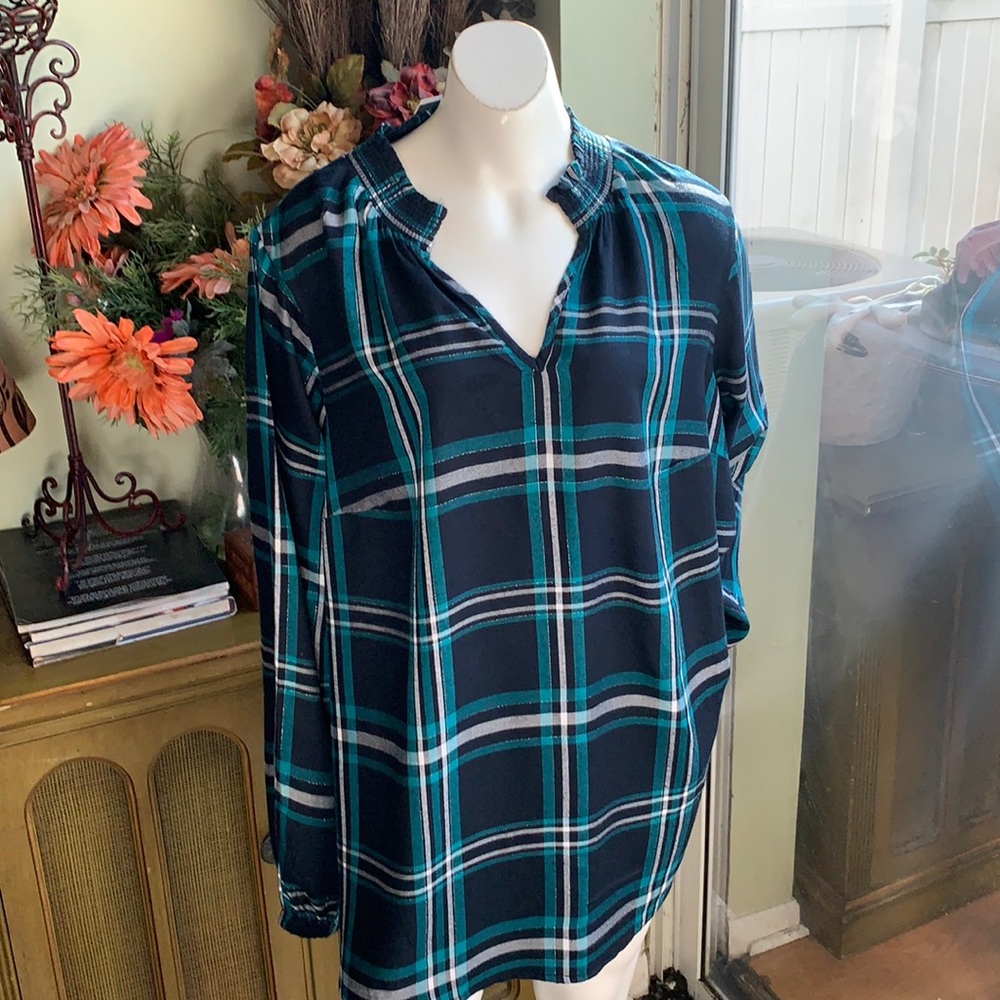 Lane Bryant Plaid Shirred  -Neck Top